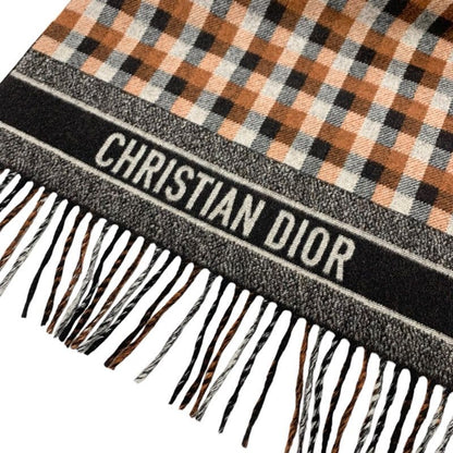 Christian Dior Muffler Wool Brown White Black Shawl Signature Logo Check Scarf