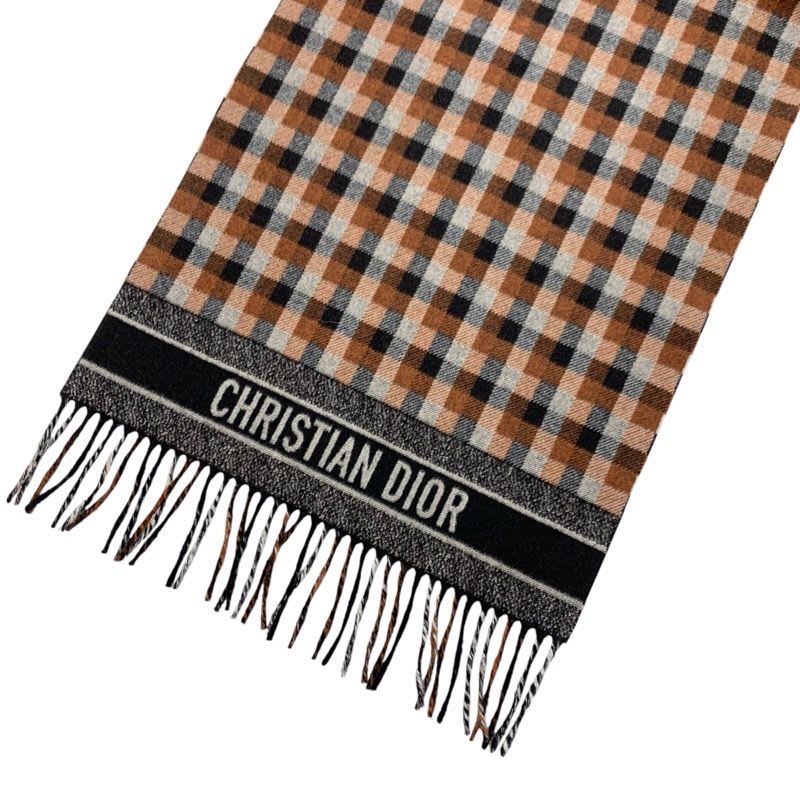 Christian Dior Muffler Wool Brown White Black Shawl Signature Logo Check Scarf