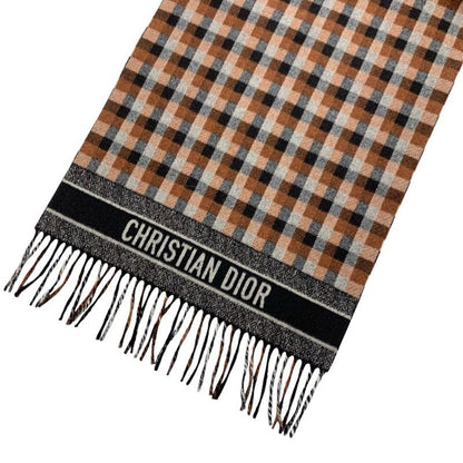 Christian Dior Muffler Wool Brown White Black Shawl Signature Logo Check Scarf