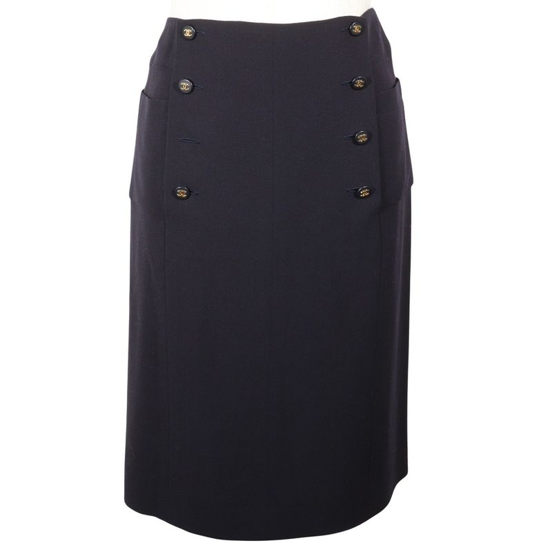 Chanel Coco Mark Double Button Vintage P07931v04916 97P Wool Navy Blue Women's