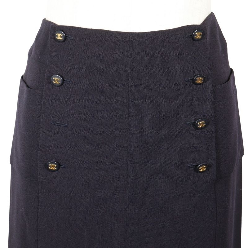 Chanel Coco Mark Double Button Vintage P07931v04916 97P Wool Navy Blue Women's