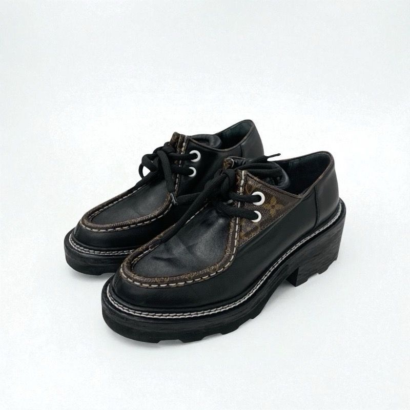 Louis Vuitton Bobur Line Loafers Leather Shoes Leather Black Brown Derby Shoes