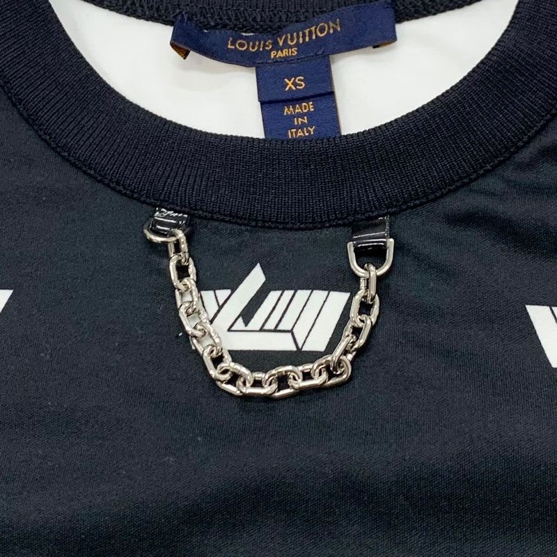 Louis Vuitton Vites Top Cotton Black White Patch T-Shirt Silver Chain