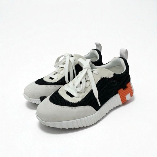 Hermes Bouncing Sneakers Shoes Suede Mesh Black White Orange