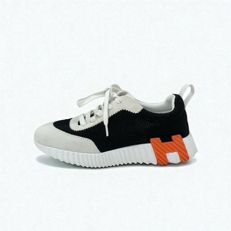 Hermes Bouncing Sneakers Shoes Suede Mesh Black White Orange
