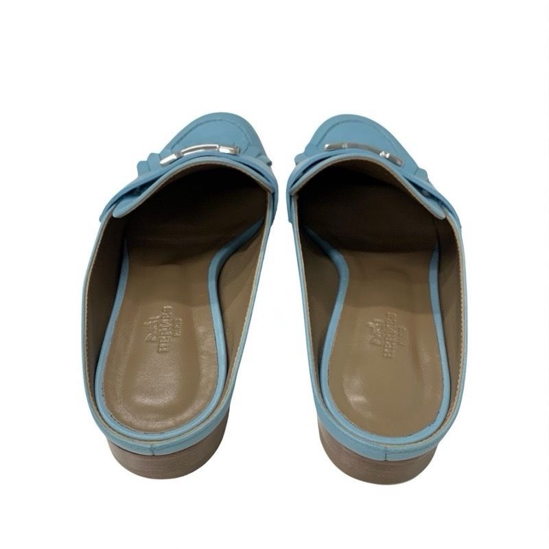 Hermes Rivoli Sandals Shoes Leather Light Blue Silver Hhardware Constance
