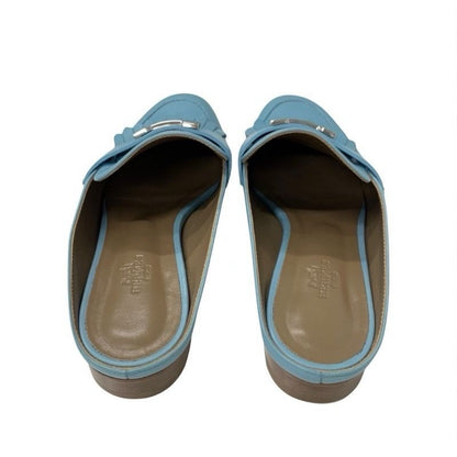 Hermes Rivoli Sandals Shoes Leather Light Blue Silver Hhardware Constance