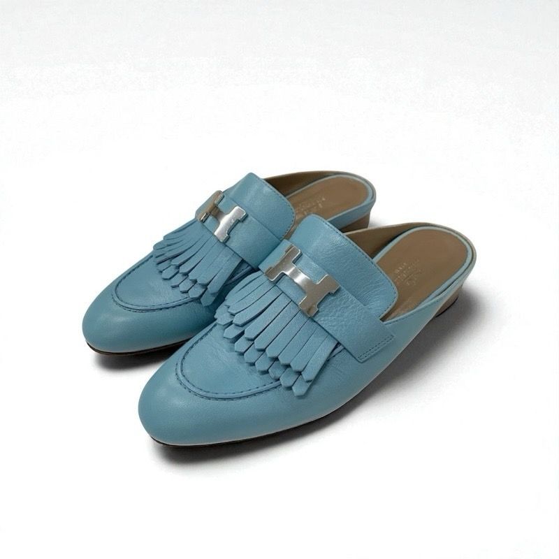Hermes Rivoli Sandals Shoes Leather Light Blue Silver Hhardware Constance