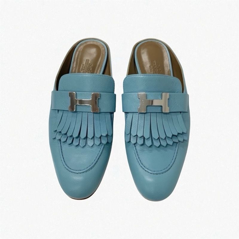 Hermes Rivoli Sandals Shoes Leather Light Blue Silver Hhardware Constance