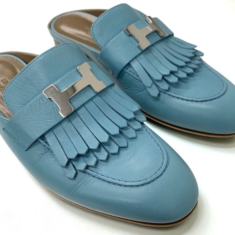 Hermes Rivoli Sandals Shoes Leather Light Blue Silver Hhardware Constance
