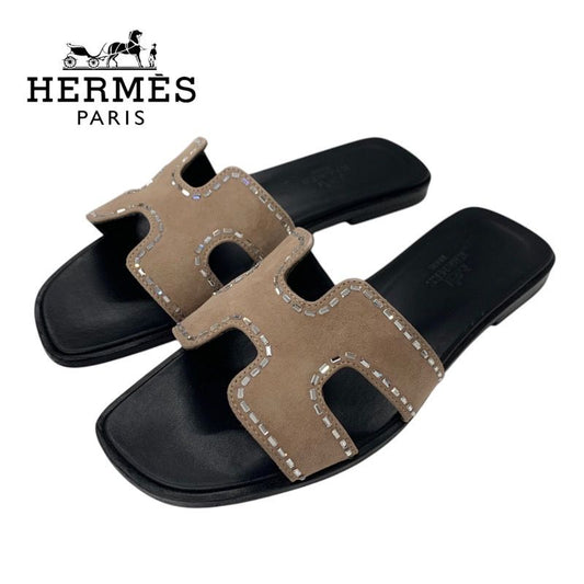 Hermes Oran Sandals Shoes Suede Pink Beige Mule Flat Sandals Rhinestone