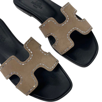 Hermes Oran Sandals Shoes Suede Pink Beige Mule Flat Sandals Rhinestone