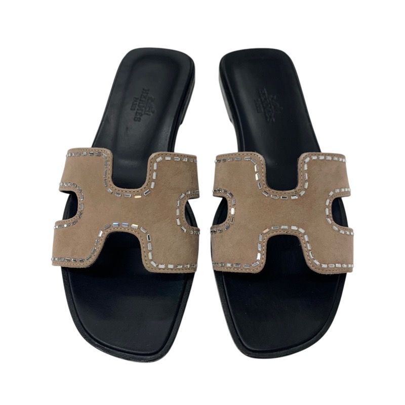 Hermes Oran Sandals Shoes Suede Pink Beige Mule Flat Sandals Rhinestone