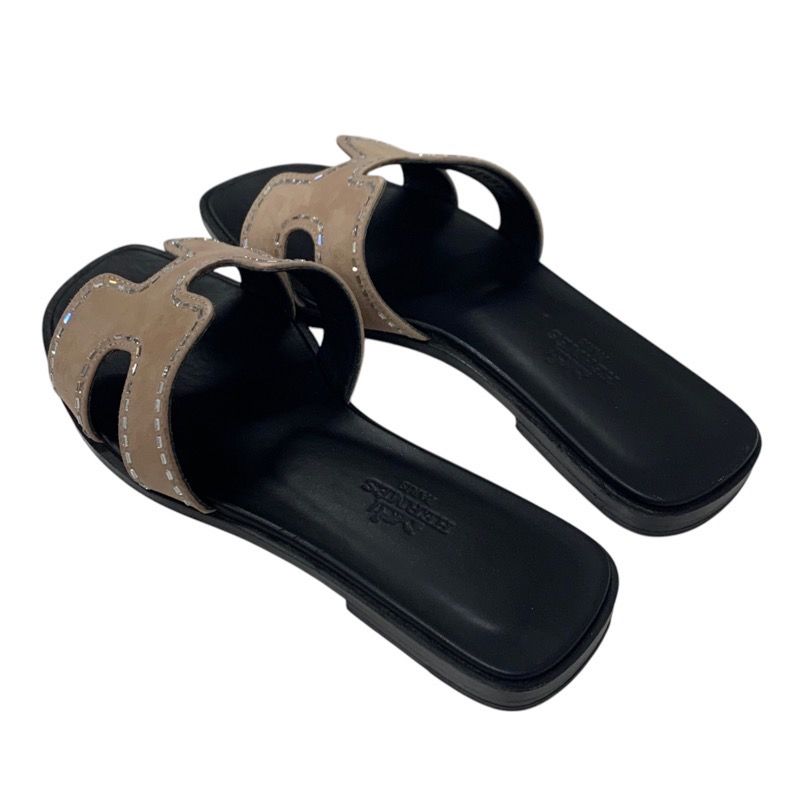 Hermes Oran Sandals Shoes Suede Pink Beige Mule Flat Sandals Rhinestone