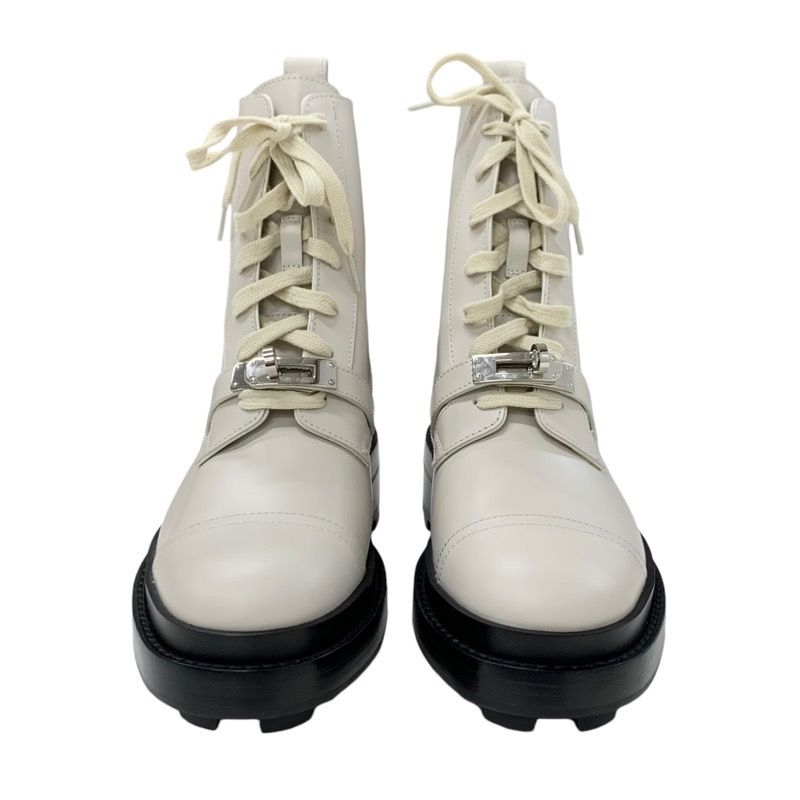 Hermes Funk Boots Short Boots Shoes Leather Ivory Silver Kelly Hardware Lace-up