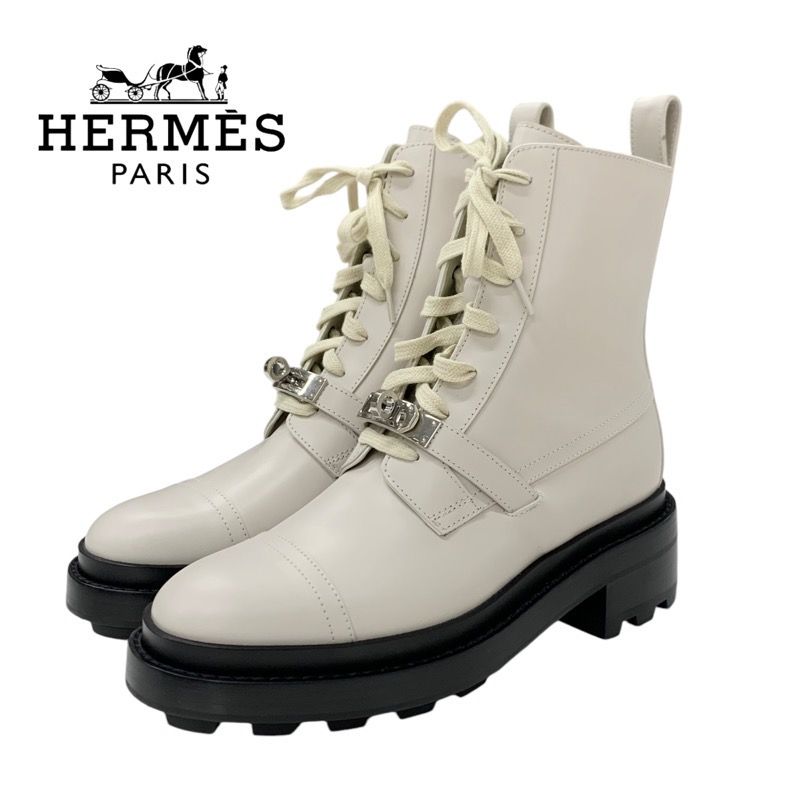 Hermes Funk Boots Short Boots Shoes Leather Ivory Silver Kelly Hardware Lace-up
