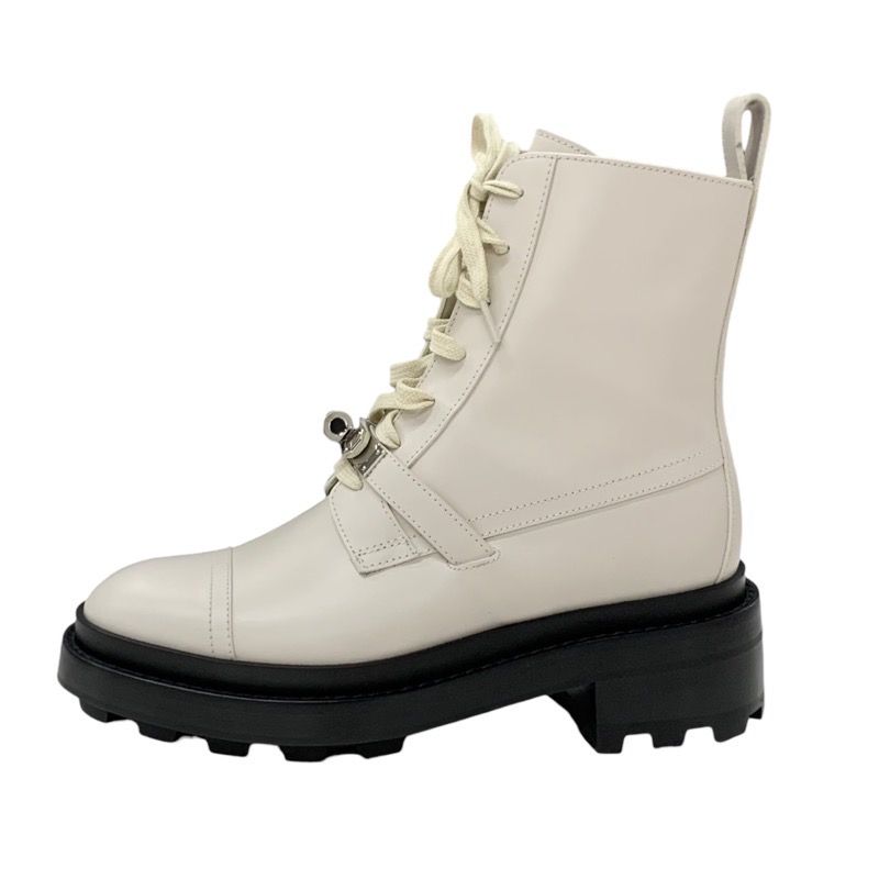 Hermes Funk Boots Short Boots Shoes Leather Ivory Silver Kelly Hardware Lace-up