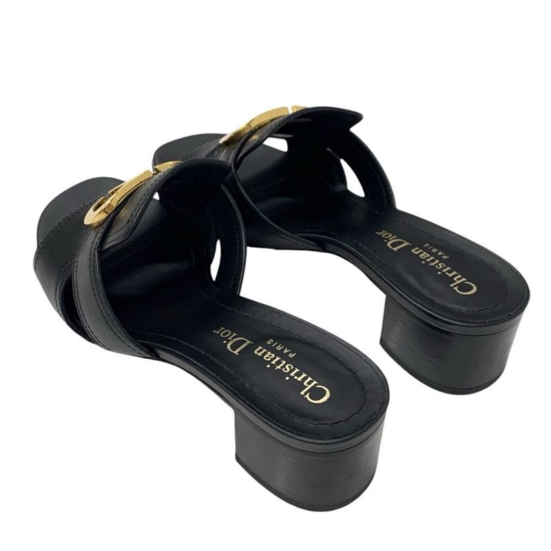 Christian DIOR 30 Montaigne Sandals Shoes Leather Black Gold Logo Mules