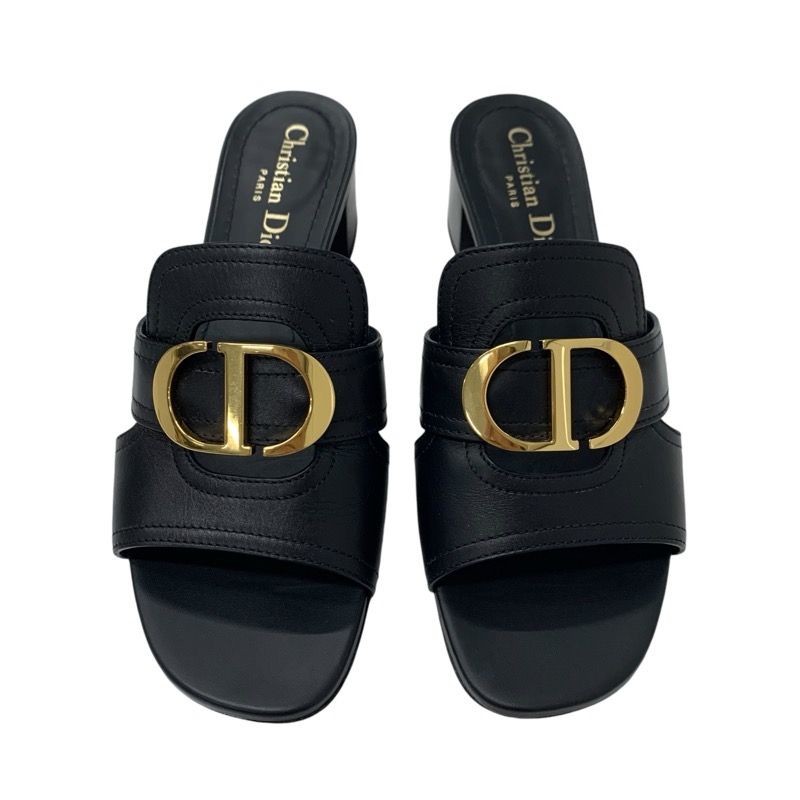 Christian DIOR 30 Montaigne Sandals Shoes Leather Black Gold Logo Mules
