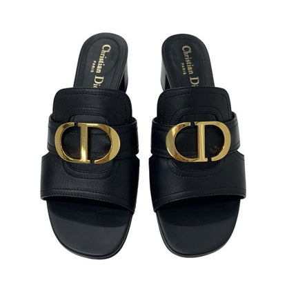 Christian DIOR 30 Montaigne Sandals Shoes Leather Black Gold Logo Mules