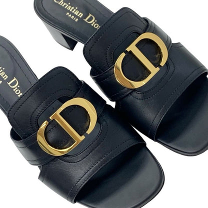 Christian DIOR 30 Montaigne Sandals Shoes Leather Black Gold Logo Mules