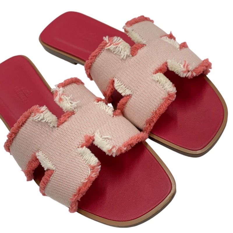 Hermes Oran Sandals Shoes Fabric Leather Pink Flat Sandals