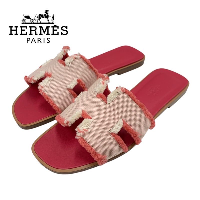 Hermes Oran Sandals Shoes Fabric Leather Pink Flat Sandals