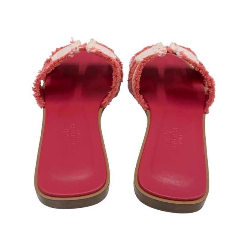 Hermes Oran Sandals Shoes Fabric Leather Pink Flat Sandals