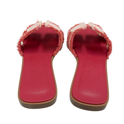 Hermes Oran Sandals Shoes Fabric Leather Pink Flat Sandals