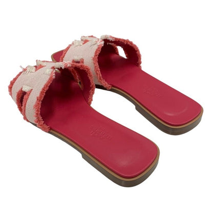 Hermes Oran Sandals Shoes Fabric Leather Pink Flat Sandals