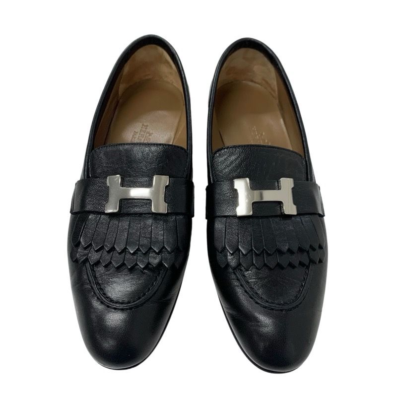 Hermes Royale Loafers Leather Shoes Leather Black Silver Moccasins Flat Shoes