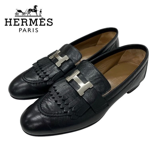 Hermes Royale Loafers Leather Shoes Leather Black Silver Moccasins Flat Shoes