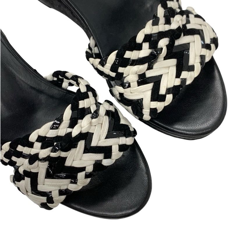 Hermes Sandals Shoes Leather Black White Braided Wedge Sole