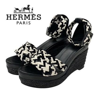 Hermes Sandals Shoes Leather Black White Braided Wedge Sole