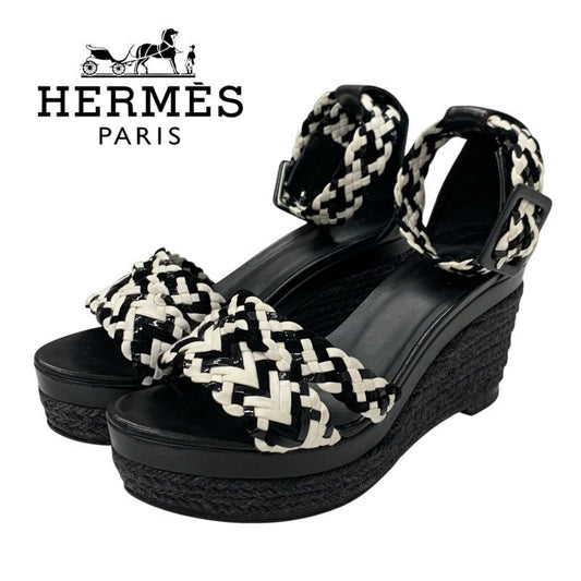 Hermes Sandals Shoes Leather Black White Braided Wedge Sole