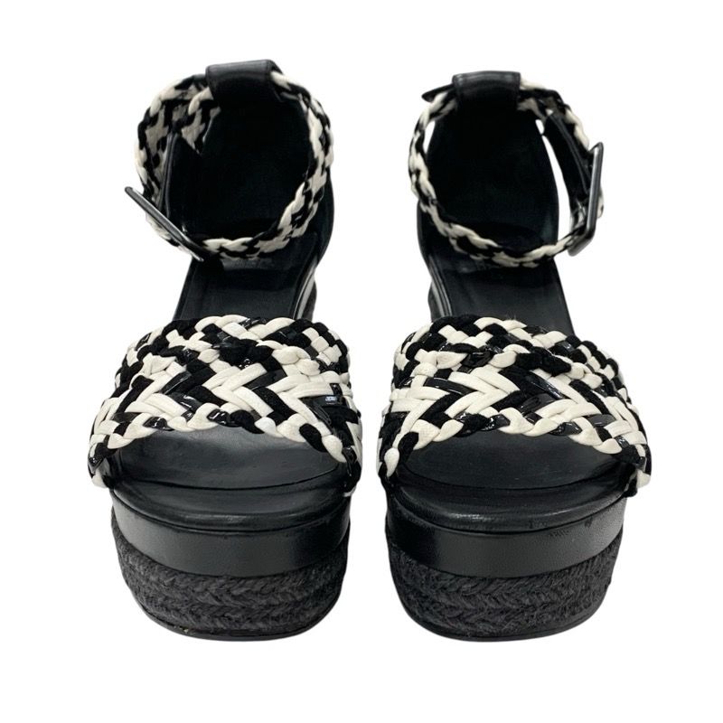 Hermes Sandals Shoes Leather Black White Braided Wedge Sole