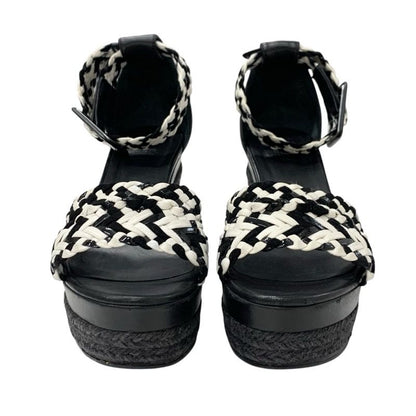 Hermes Sandals Shoes Leather Black White Braided Wedge Sole