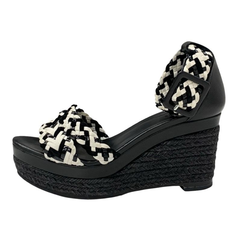 Hermes Sandals Shoes Leather Black White Braided Wedge Sole
