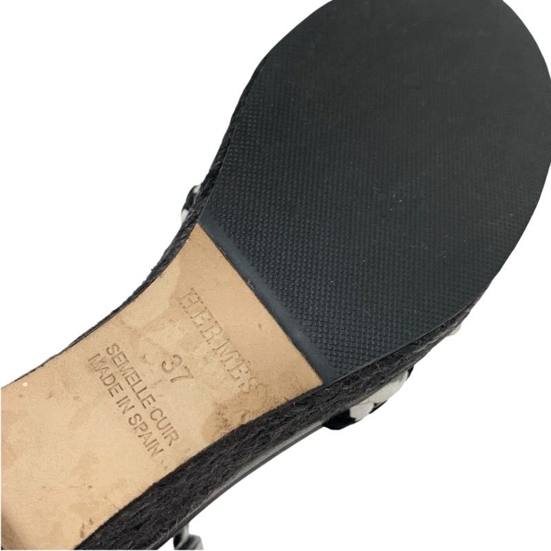 Hermes Sandals Shoes Leather Black White Braided Wedge Sole