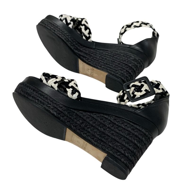 Hermes Sandals Shoes Leather Black White Braided Wedge Sole