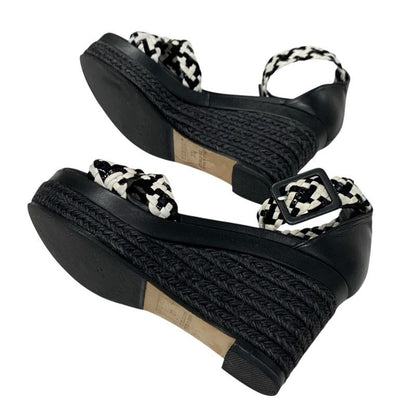 Hermes Sandals Shoes Leather Black White Braided Wedge Sole