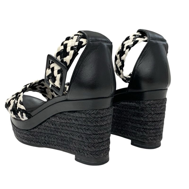 Hermes Sandals Shoes Leather Black White Braided Wedge Sole