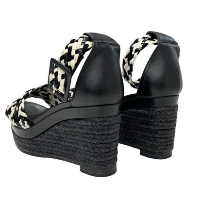 Hermes Sandals Shoes Leather Black White Braided Wedge Sole