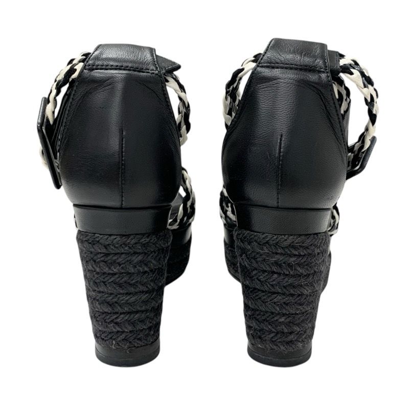 Hermes Sandals Shoes Leather Black White Braided Wedge Sole