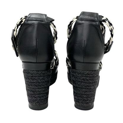 Hermes Sandals Shoes Leather Black White Braided Wedge Sole