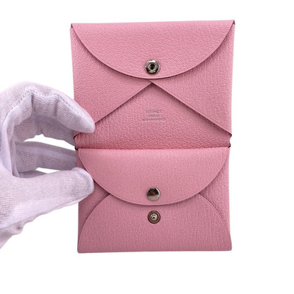 Hermes W Calvi Duo Silver Hardware Coin Case Wallet Branded Coin Purse Pink