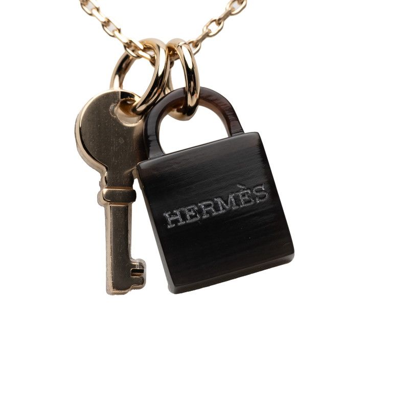 Hermes Amulet Padlock PM Pendant Necklace Gold Brown Plated Buffalo Horn Ladies