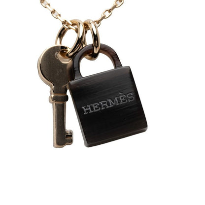 Hermes Amulet Padlock PM Pendant Necklace Gold Brown Plated Buffalo Horn Ladies