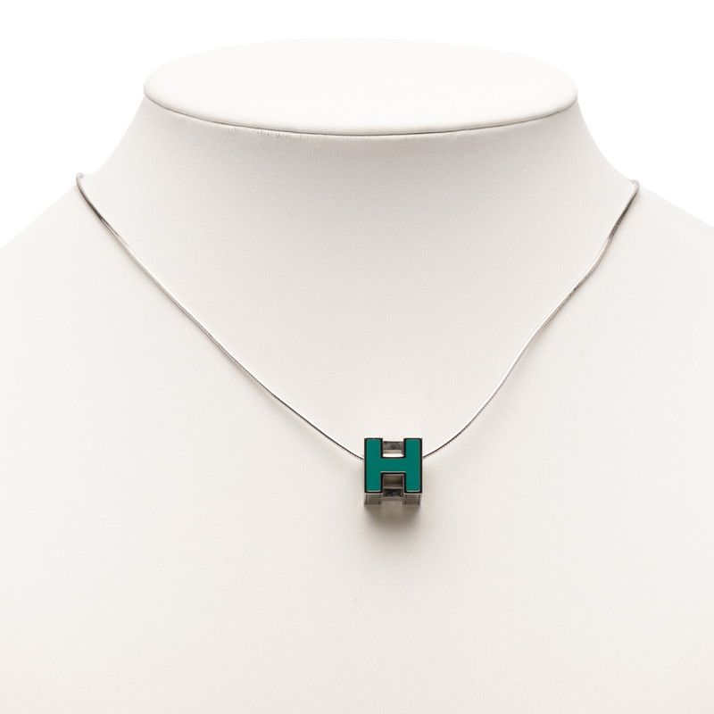 Hermes Caje De Ashe H Cube Pendant Necklace Silver Light Blue Metal Ladies