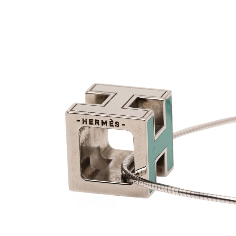 Hermes Caje De Ashe H Cube Pendant Necklace Silver Light Blue Metal Ladies